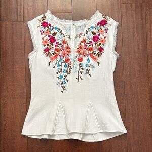 Sundance White Peplum Top with Multicolor Floral Embroidery, Size Medium